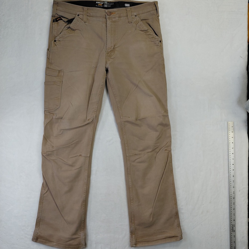 Ariat Rebar M4 Relaxed Boot Cut Work Pants Khaki Tan 36x34 Distressed Utility